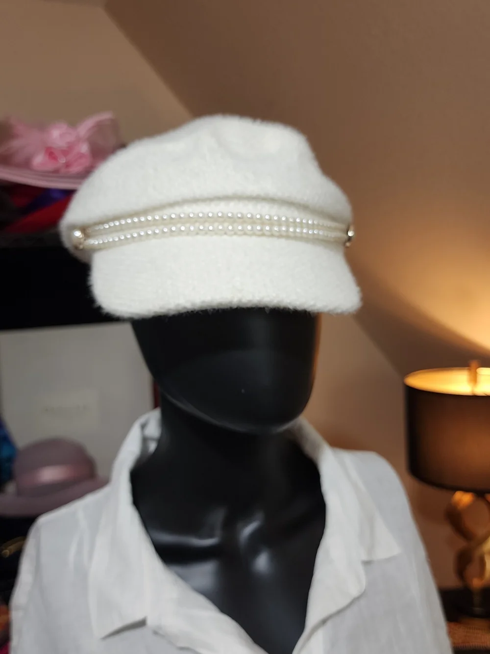 bebe White Pearl-Trim Baker Boy Cap